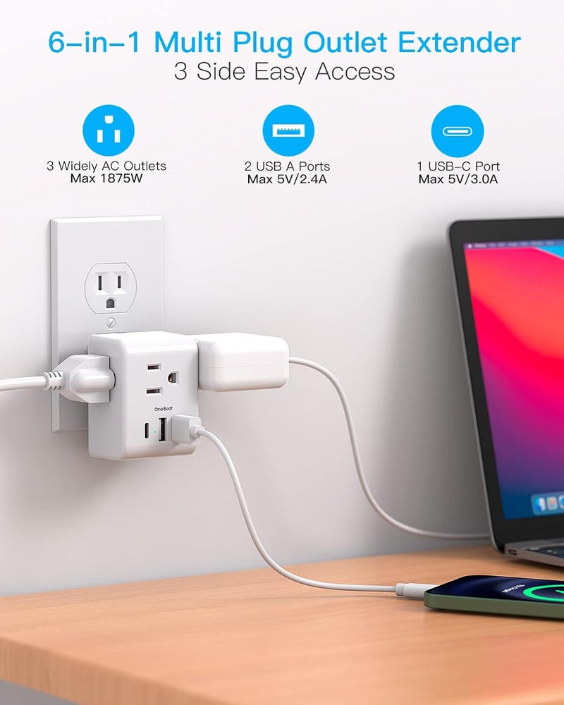 One Beat Multi Plug Outlet Extender, Power Strip Non Surge Protector Electric Outlet Splitter with 3 USB Wall Charger (1 USB C), Multiple Outlet Expander for Cruise, Dorm, Travel, Home, Office - Image 2